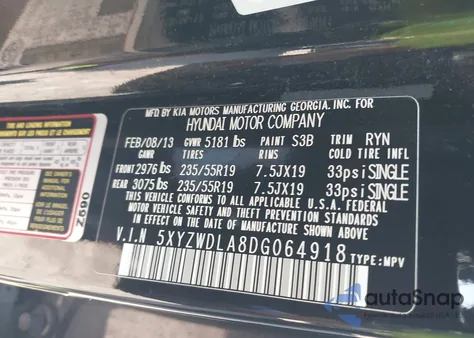 2013 Hyundai Santa Fe Sport 2.0T from USA, damaged, VIN 5XYZWDLA8DG064918